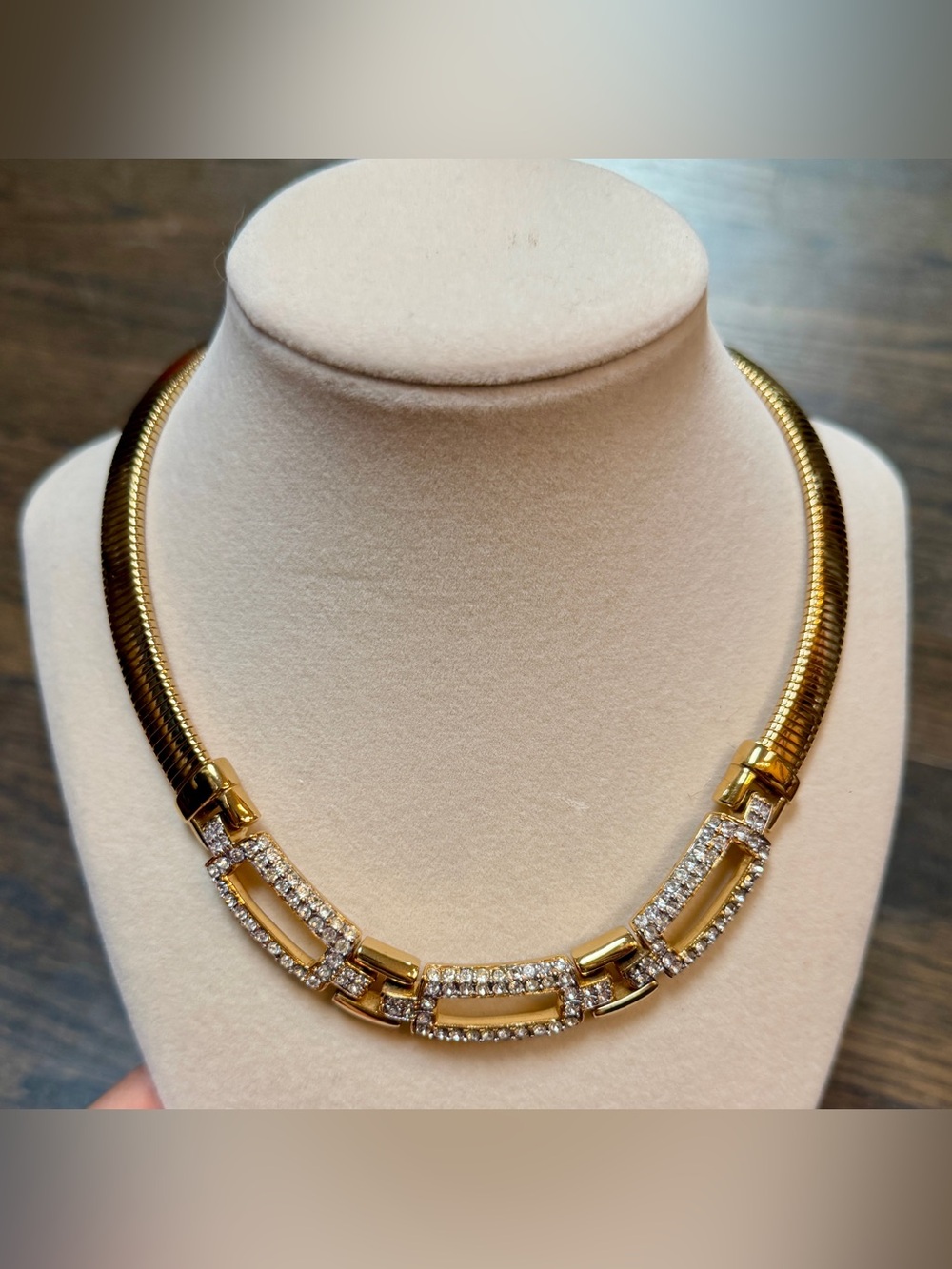 Givenchy Vintage 1980s gold tone gaspipe chain rhinestone clasp necklace